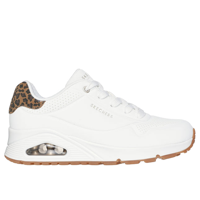 Skechers Women’s 177093 Uno Jungle Nite – White Synthetic Trainer with Leopard-Print Detail & Air-Cooled Memory Foam