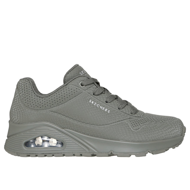 Skechers Women’s 177861 Uno Shiny Scale – Olive Green Mesh & Leather-Effect Trainer with Removable Insole