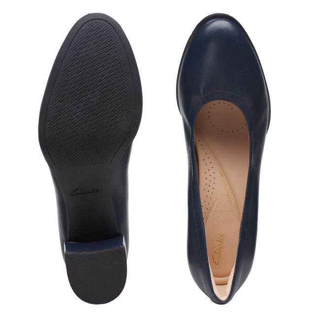 Clarks Women’s Freva55 Court Navy Leather Heels – Elegant Court Shoes with Cushioned Comfort & Classic Rounded Toe