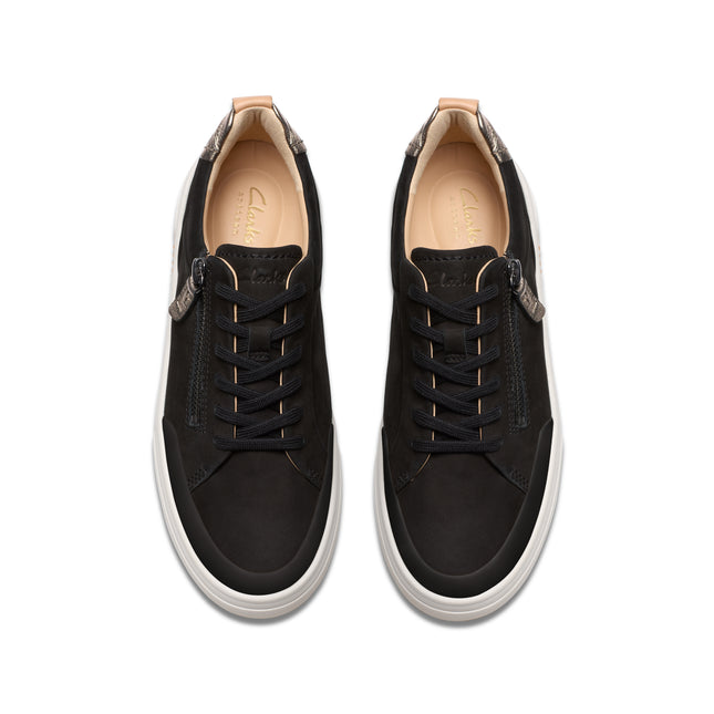 Clarks Women’s Hollyhock Zip Black Leather Trainers – Platform Casual Shoes with Lace-Up & Zip Fastening and Contour Cushion Comfort