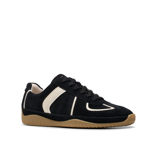 Clarks Women’s Meridor Lo Black Leather Trainers – Low-Profile Casual Shoes with Contour Cushion™ Comfort & Everyday Versatility