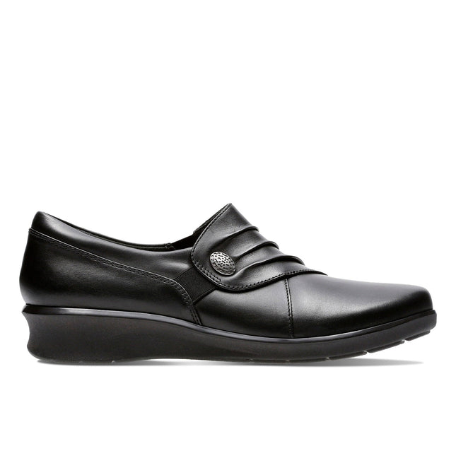 Clarks Women’s Hope Roxanne Black Leather Slip-On Shoes – Cushion Soft™ Comfort, Flexible Slip-On Design & Low Wedge Heel Standard Fit