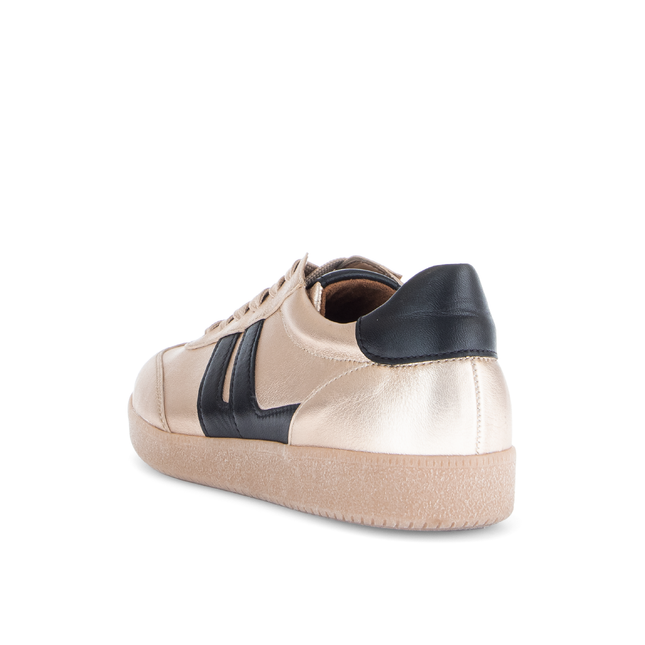 Gabor Women’s West 73.300.62 Leather & Satin Trainer – Champagne & Black Lace-Up Sneaker with Removable Insole